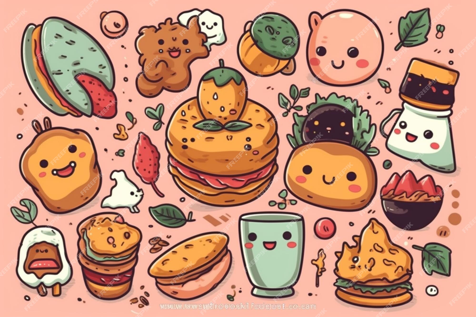 Mão desenhada coleção de doodle kawaii pessoas, comida, bebida, etc.