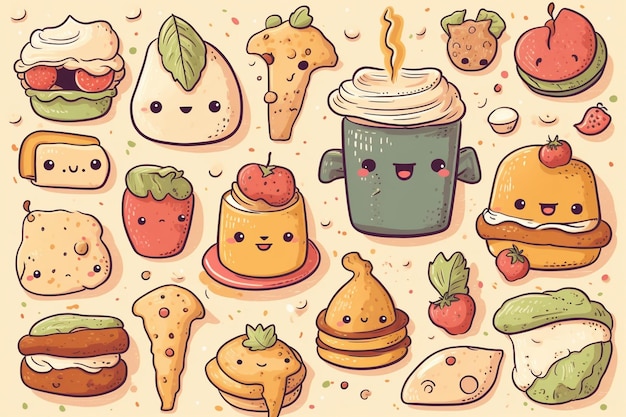 Foto ilustração de comida kawaii desenhada à mão