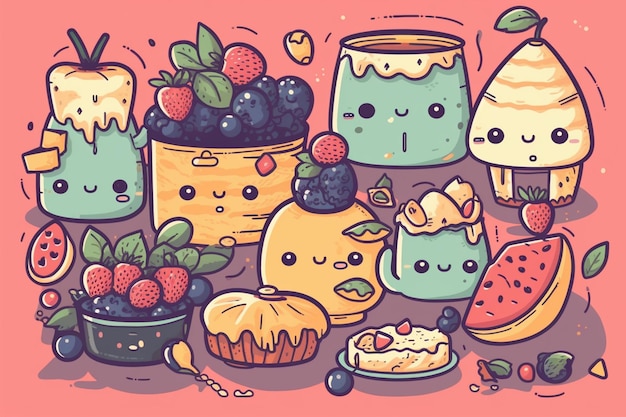 Foto ilustração de comida kawaii desenhada à mão