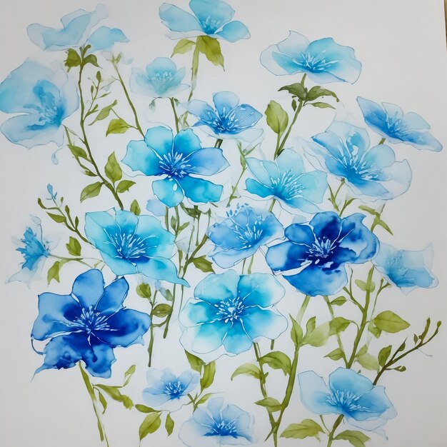 Ilustração de composição de flores azuis desenho de tinta de aquarela