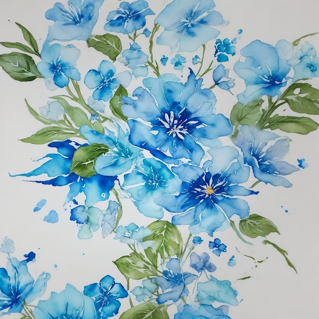 Ilustração de composição de flores azuis desenho de tinta de aquarela
