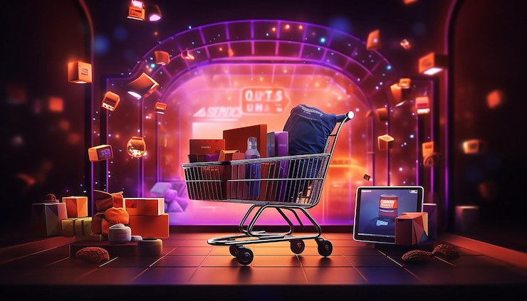Foto ilustração de compras on-line carrinhos de compras etiquetas de preços caixas de entrega estilo futurista