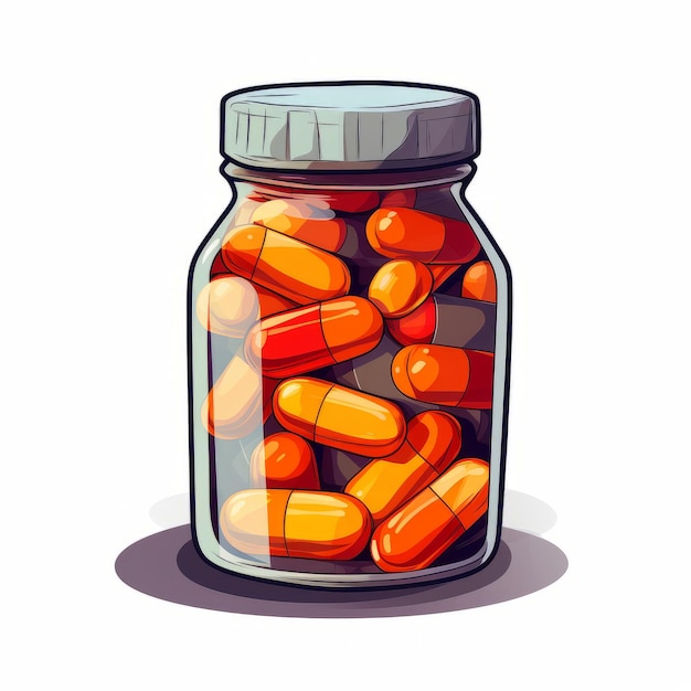 Ilustração de comprimidos em uma jarra de vidro em um fundo branco