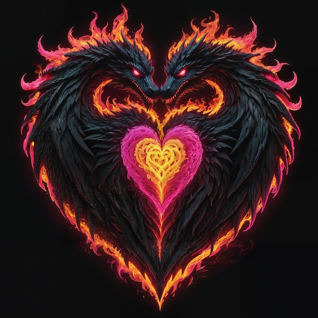 Ilustração de conceito de dragões em forma de coração com chamas ardentes ao redor