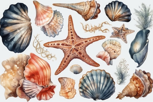 Ilustração de conchas e estrelas do mar em uma pintura em aquarela criada com a tecnologia Generative AI