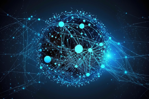 Ilustração de conexões de rede fundo azul escuro Generative AI