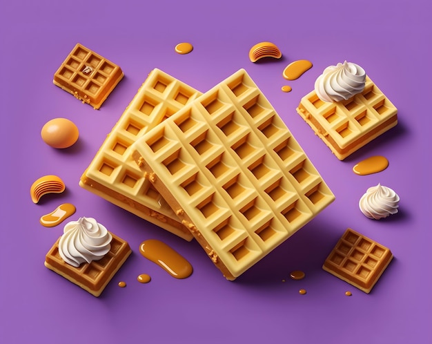 Ilustração de confeitaria de waffles em fundo roxo IA generativa