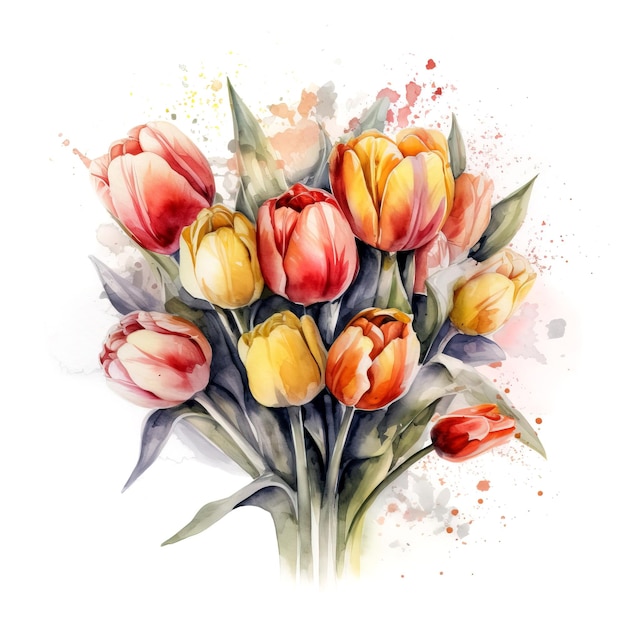 ilustração de conjunto desenhado à mão em aquarela de buquê de tulipas coloridas Generative AI