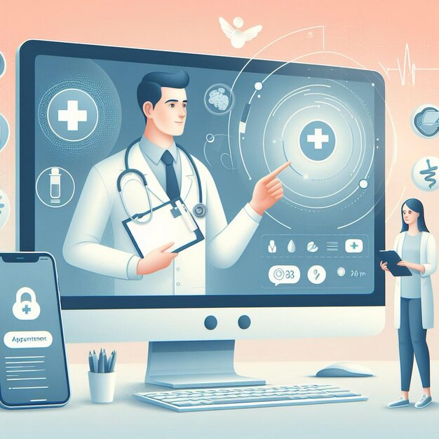 Ilustração de consulta médica virtual interação médico-paciente online