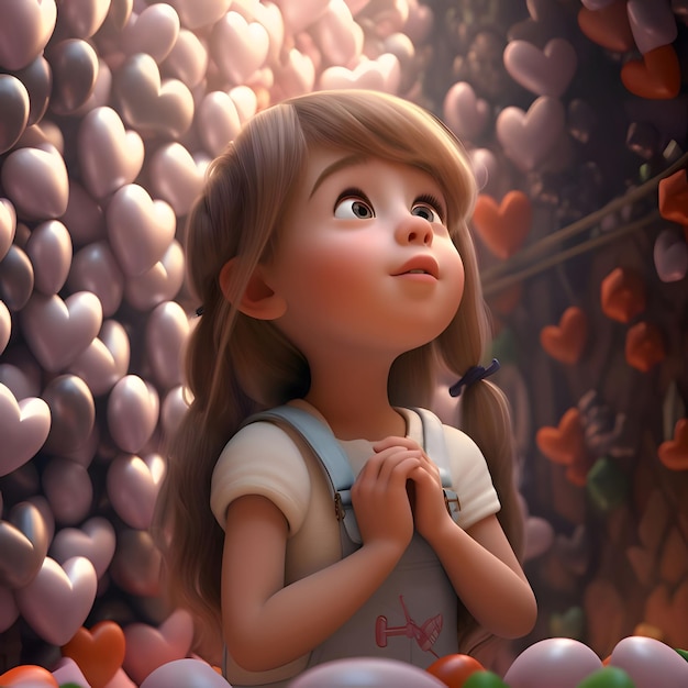Foto ilustração de conto de fadas de uma menina com as mãos dobradas em seu fundo uma massa de corações coração como um símbolo de afeto e amor