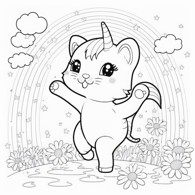 gato com flor. mão desenhar ilustração vetorial de gatinho. desenho linear  de bichinho fofo com planta na cabeça. ícone de contorno do gato engraçado.  17655050 Vetor no Vecteezy