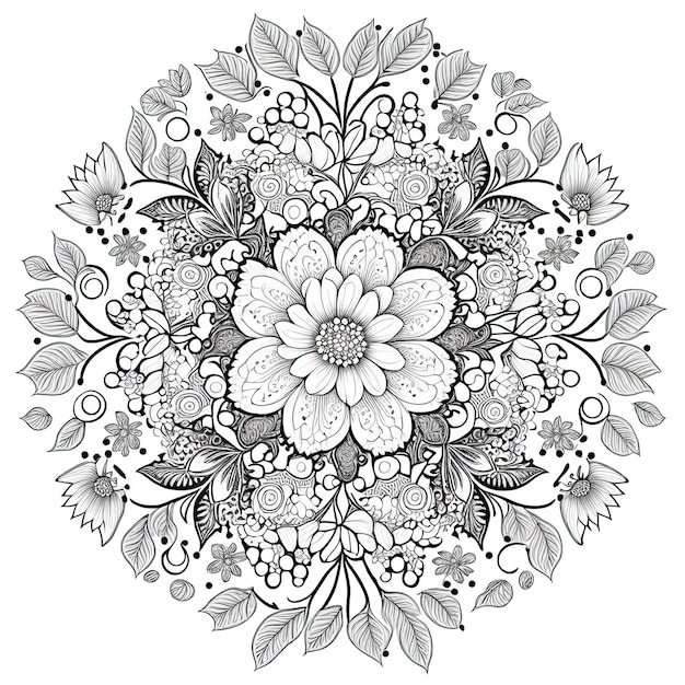 Ilustração de contorno de Mandala de flor para página de livro de colorir Cartão de coloração para crianças e adultos IA generativa