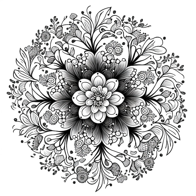 Ilustração de contorno de Mandala de flor para página de livro de colorir Cartão de coloração para crianças e adultos IA generativa