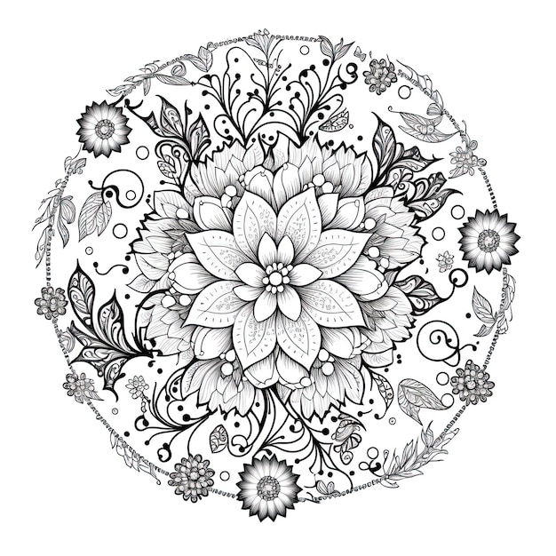 Ilustração de contorno de Mandala de flor para página de livro de colorir Cartão de coloração para crianças e adultos IA generativa