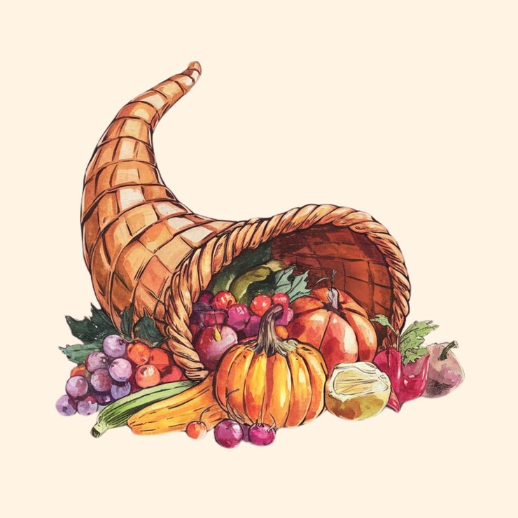Foto ilustração de cornucópia de outono de ação de graças em aquarela desenhada à mão