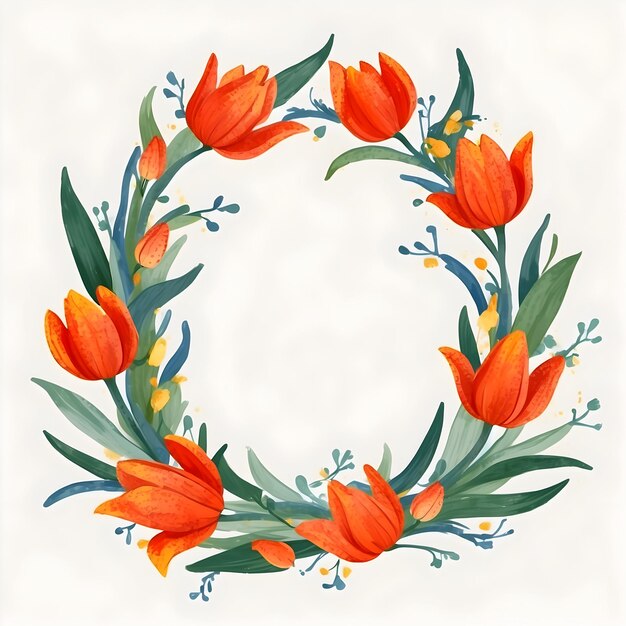 Ilustração de coroa de tulipas Desenho de coroa floral Decoração colorida de tulipas Gráfico de coroa de primavera E