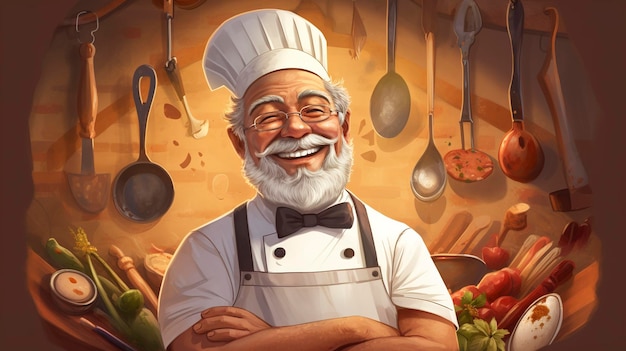 Ilustração de corpo inteiro de um chef de 60 anos com chapéu e avental de chef