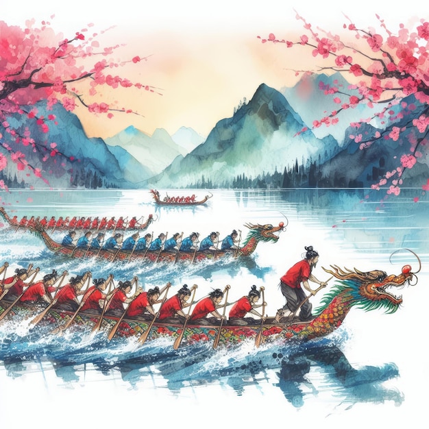 Ilustração de corrida de barcos de dragão para o Festival de Barcos de Dragão