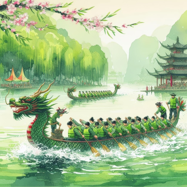 Ilustração de corrida de barcos de dragão para o Festival de Barcos de Dragão