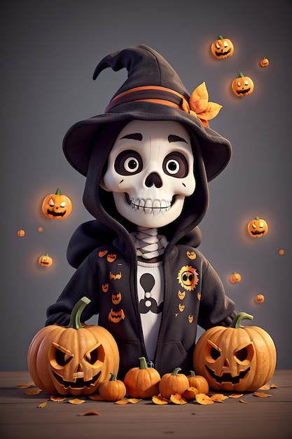 Ilustração de crânio de esqueleto de Halloween com abóboras assustadoras IA geradora