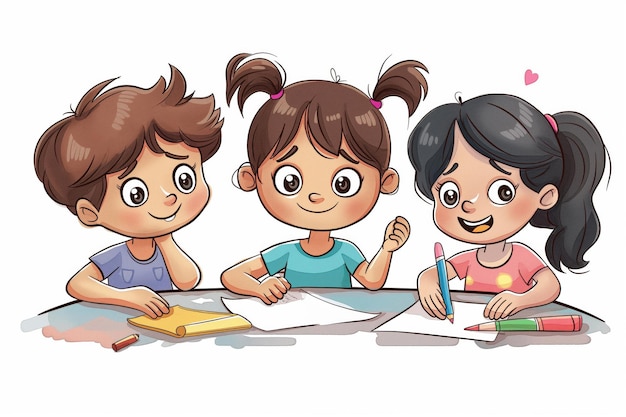 Ilustração de crianças alegres envolvidas em uma atividade criativa de desenho com materiais de arte coloridos