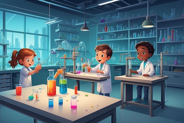 Ilustração de crianças brincando em um laboratório Ilustração de lenmdp