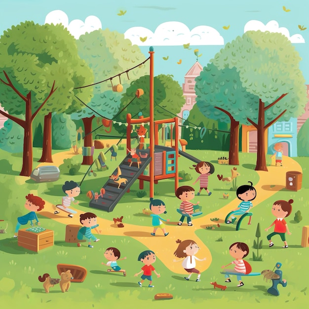 Ilustração de crianças brincando em um parque com playground e playground ao fundo