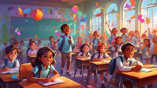 Ilustração de crianças em uma sala de aula vibrante que retrata estudantes diversos envolvidos em várias atividades
