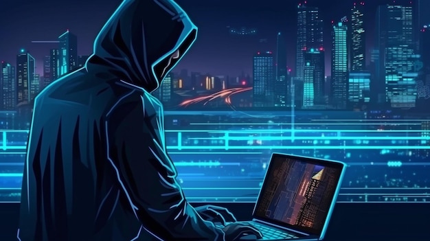 Ilustração de crime cibernético de um hacker de computador usando um laptop Hacking de código binário de cena da cidade GERAR IA