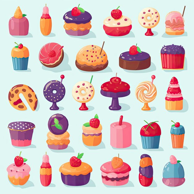 ilustração de cupcake saboroso conjunto de coleção de vetores planos clipart ícone pastel recorte de álbum