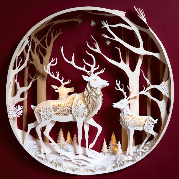 Ilustração de decoração tradicional de Natal de renas em estilo de recorte de papel