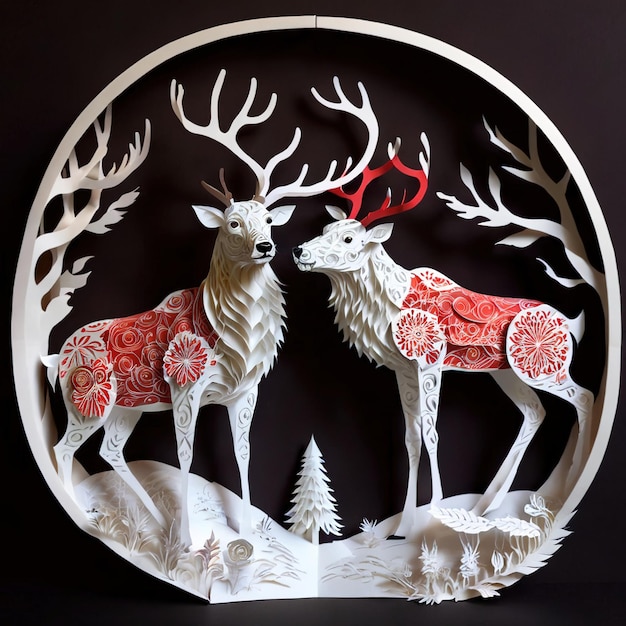 Ilustração de decoração tradicional de Natal de renas em estilo de recorte de papel