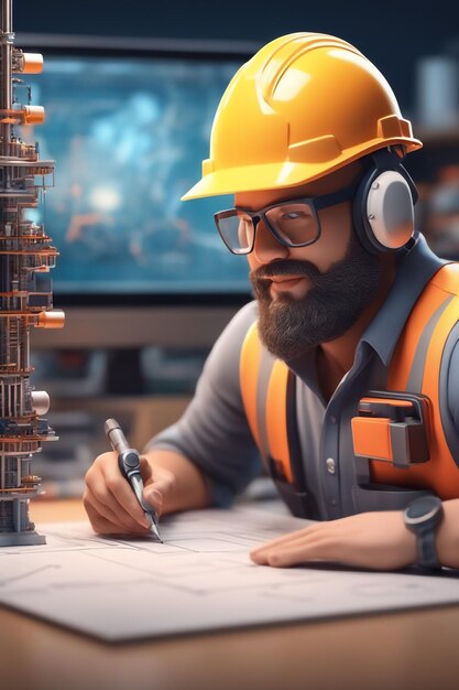 Foto ilustração de desenho animado 3d de um engenheiro com formação em engenharia na fábrica