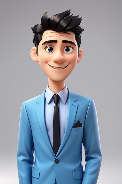 Ilustração de desenho animado 3D de um homem engraçado e alegre em um terno e gravata camisa azul cabelo preto isolado em fundo branco
