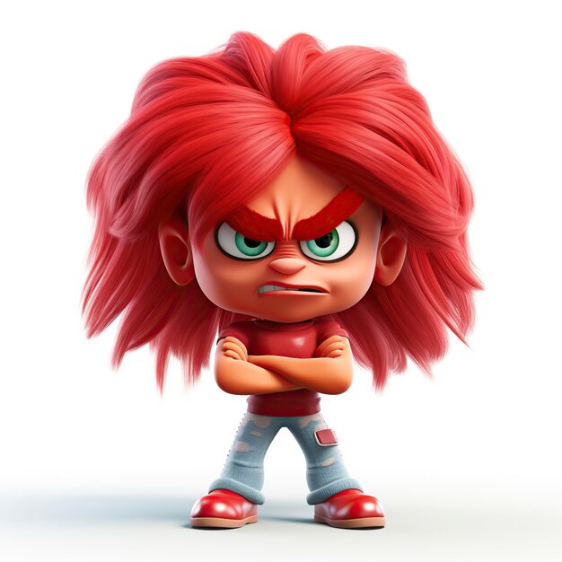Foto ilustração de desenho animado 3d uma pessoa usando uma peruca vermelha e é muito agressiva e zangada