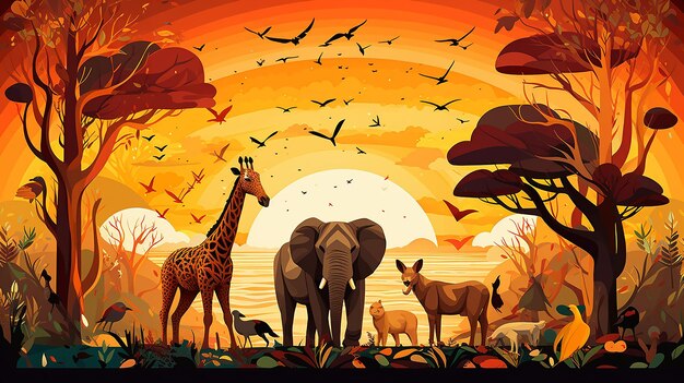 Foto ilustração de desenho animado de animais na savana ao pôr do sol cartaz do dia mundial dos animais