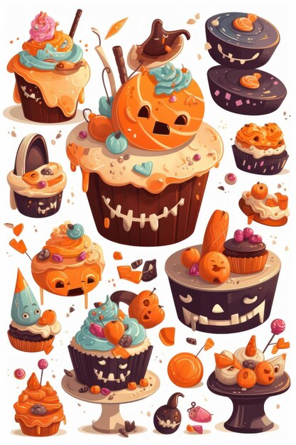 Ilustração de desenho animado de biscoitos e doces para festa de Halloween