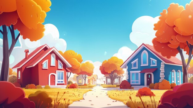 Ilustração de desenho animado de casas de campo suburbanas em paisagem de outono com árvores de laranja caminho de terra e céu nublado azul Área rural de subúrbio residencial com casas de dois andares