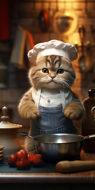 Foto ilustração de desenho animado de chef kitten