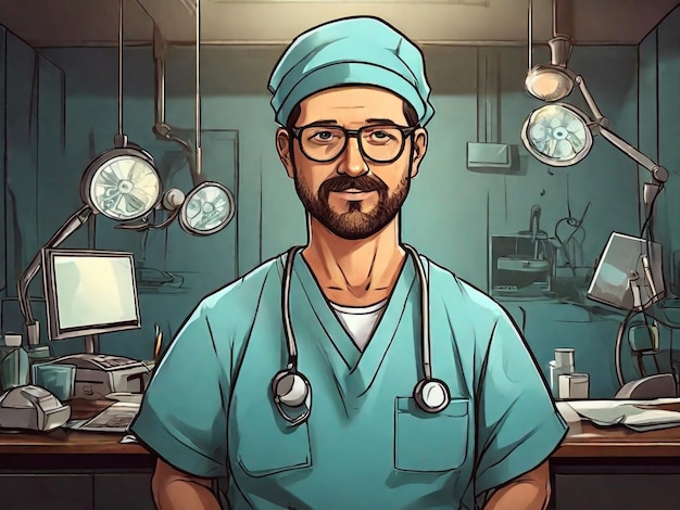 Ilustração de desenho animado de cirurgião desenhado à mão