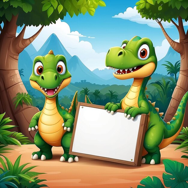 Foto ilustração de desenho animado de dinossauro com fundo de paisagem e sinal em branco