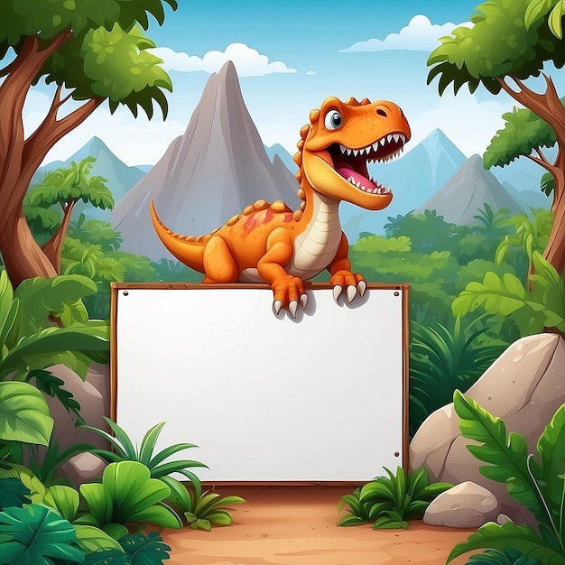 Ilustração de desenho animado de dinossauro com fundo de paisagem e sinal em branco