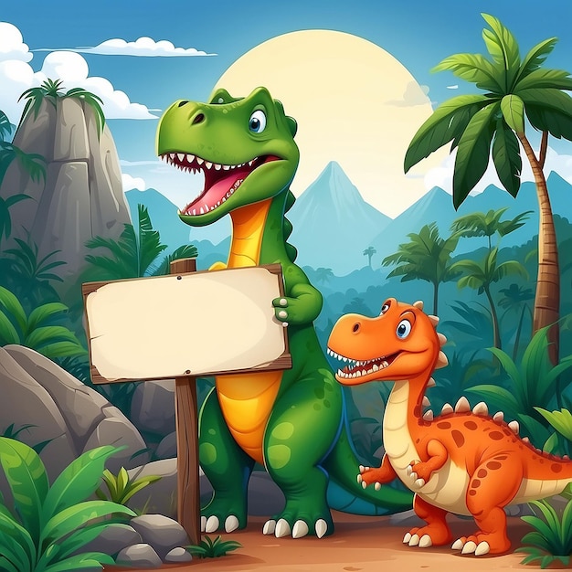 Ilustração de desenho animado de dinossauro com fundo de paisagem e sinal em branco