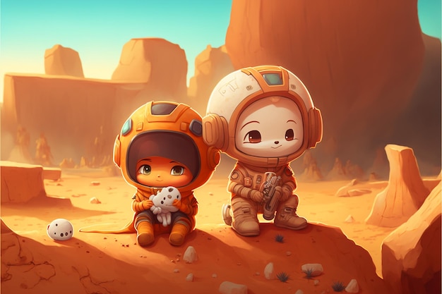 Ilustração de desenho animado de dois astronautas em um deserto com um cão generativo ai