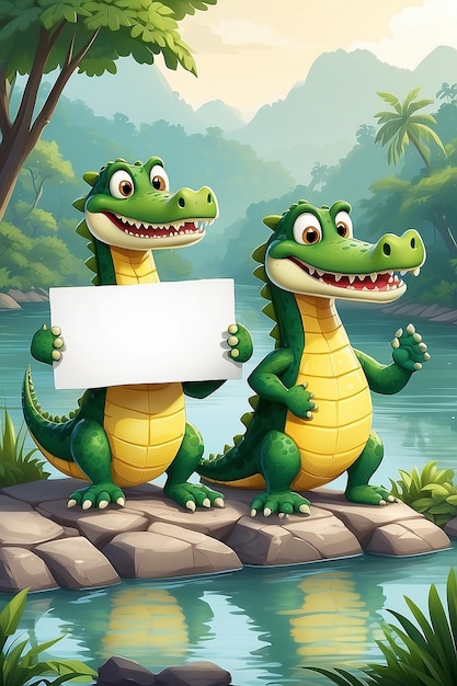 Ilustração de desenho animado de dois crocodilos segurando um sinal em branco ao lado do rio