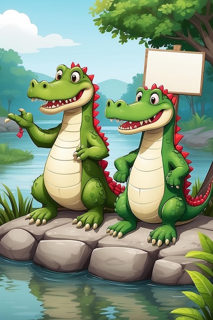 Ilustração de desenho animado de dois crocodilos segurando um sinal em branco ao lado do rio