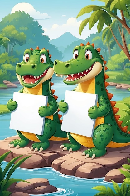 Ilustração de desenho animado de dois crocodilos segurando um sinal em branco ao lado do rio