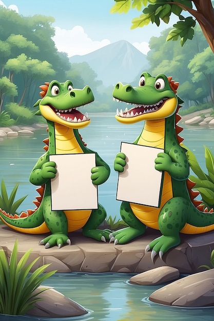 Ilustração de desenho animado de dois crocodilos segurando um sinal em branco ao lado do rio