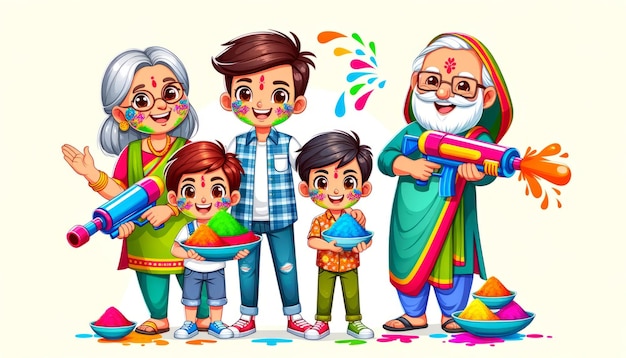 Ilustração de desenho animado de Holi Family Bonding