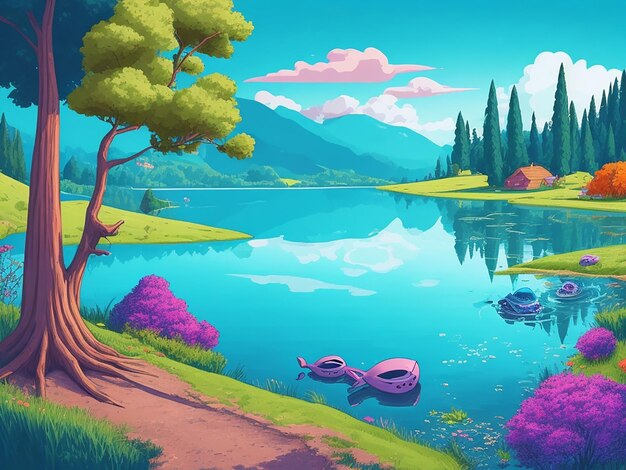 Ilustração de desenho animado de lindo lago